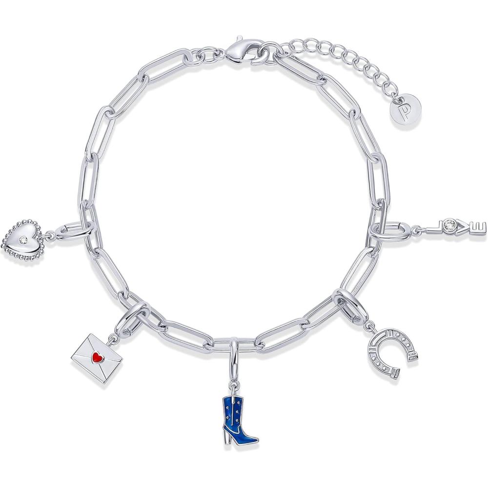 imagePAVOI 14K Gold Plated Adjustable Bracelet for Women  Twisted Bar ampamp Paperclip Charm Chain Bracelets with Moon Evil Eye Teddy Bear Heart Lock Airplane Dog Cowboy Boot Cat Cupid ampamp More  Fashion JewelryCowgirl Boot