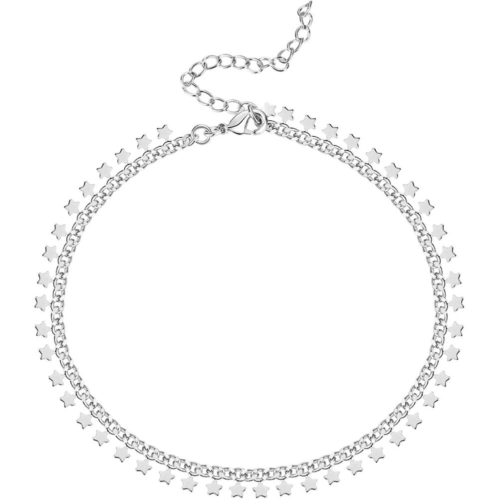 imagePAVOI 14K Gold Plated Anklet for Women Trendy Link Chain Ankle Bracelet Summer Jewelry Boho Dainty Anklets with Cubic Zirconia Beaded Evil Eye Star Station Pearls Adjustable Gold JewelryStar