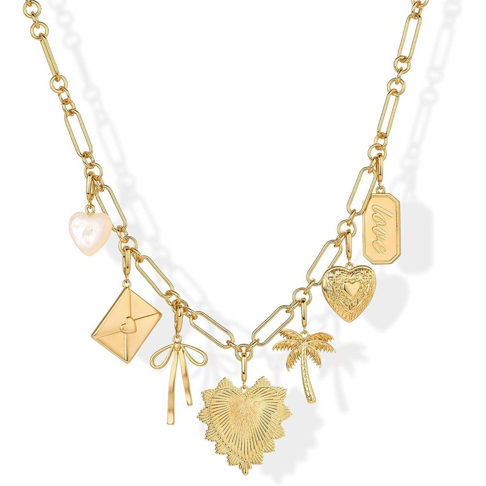 imagePAVOI 14K Gold Plated Chunky Charm Necklace Pack for Women Statement Paperclip Chain Necklaces with Removable Charms Heart Palm Tree Bow Pearl Love Friendship NecklaceYellow Gold