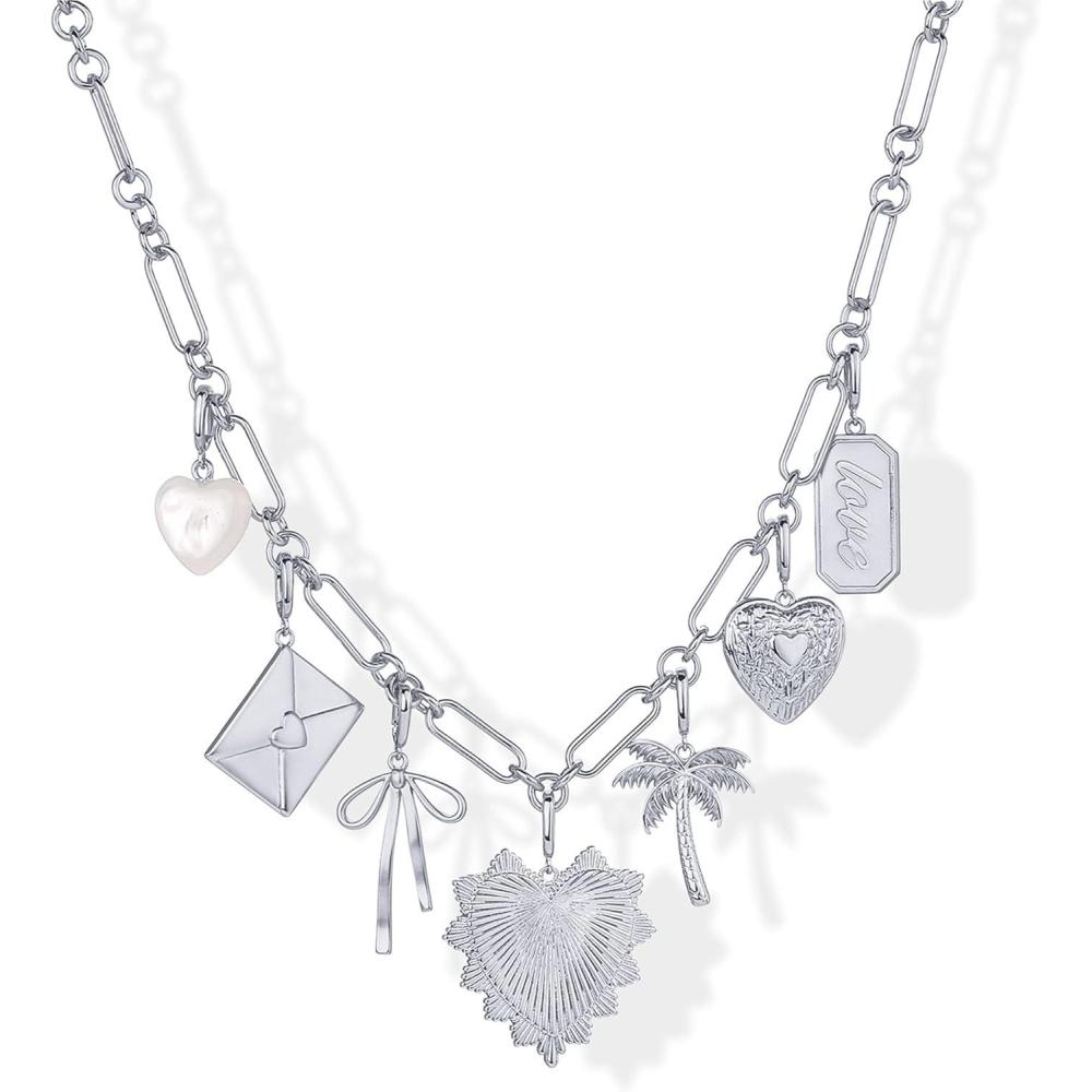 imagePAVOI 14K Gold Plated Chunky Charm Necklace Pack for Women Statement Paperclip Chain Necklaces with Removable Charms Heart Palm Tree Bow Pearl Love Friendship NecklaceWhite Gold