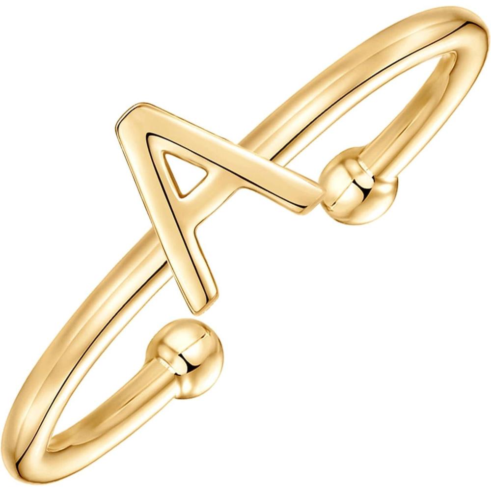 imagePAVOI 14K Gold Plated Initial Letter Adjustable Ring for Women  Thin Initial Band  Dainty Fashion Jewelry Gifts A