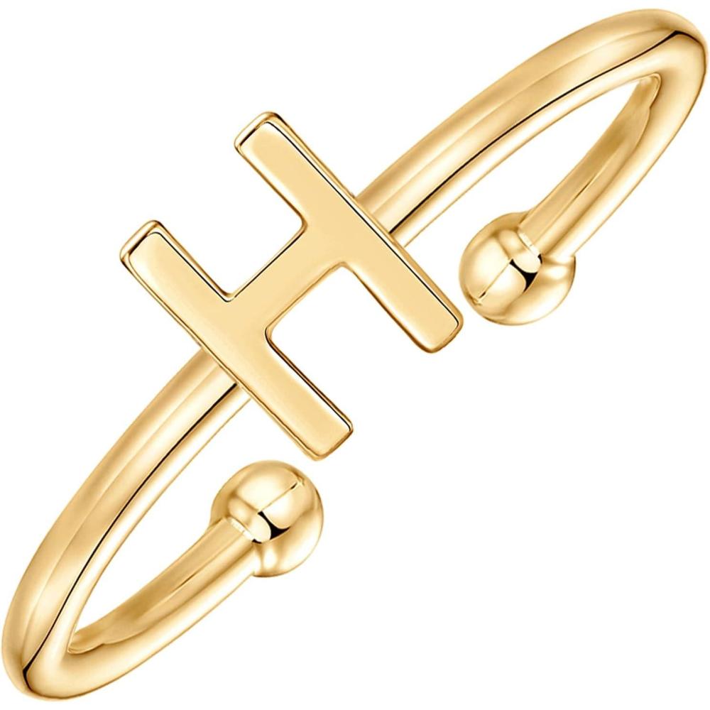 imagePAVOI 14K Gold Plated Initial Letter Adjustable Ring for Women  Thin Initial Band  Dainty Fashion Jewelry Gifts H