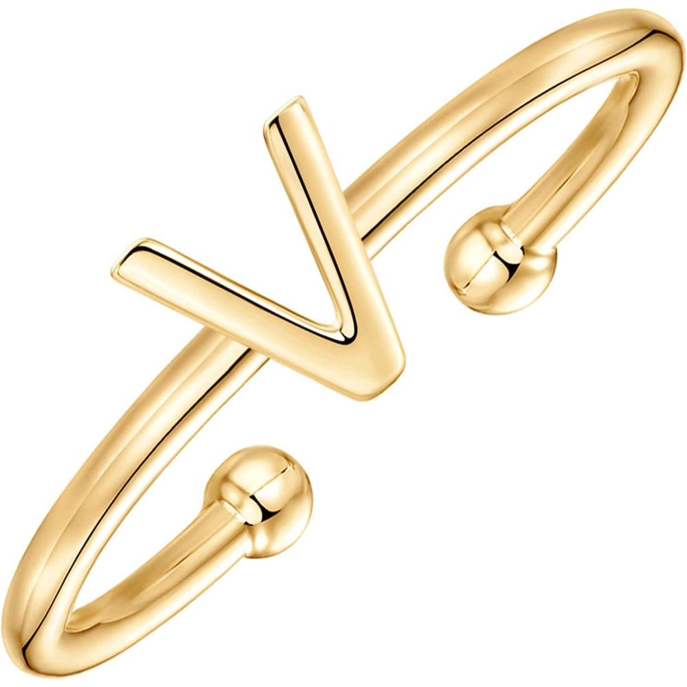 imagePAVOI 14K Gold Plated Initial Letter Adjustable Ring for Women  Thin Initial Band  Dainty Fashion Jewelry Gifts V