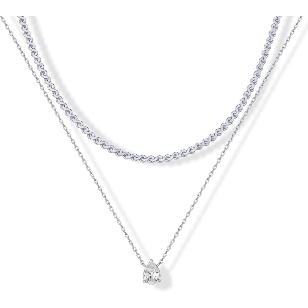 imagePAVOI 14K Gold Plated Twisted Singapore Chain Layering Choker with Round Solitaire and Serpentine Chain Layering Choker with PearCut Stone Pendant Necklace Pack for Women  Cubic Zirconia Statement Layered Necklace SetWhite Gold