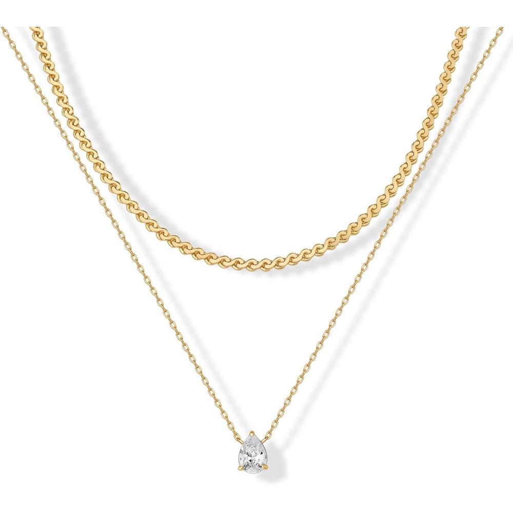 imagePAVOI 14K Gold Plated Twisted Singapore Chain Layering Choker with Round Solitaire and Serpentine Chain Layering Choker with PearCut Stone Pendant Necklace Pack for Women Cubic Zirconia Statement Layered Necklace SetYellow Gold