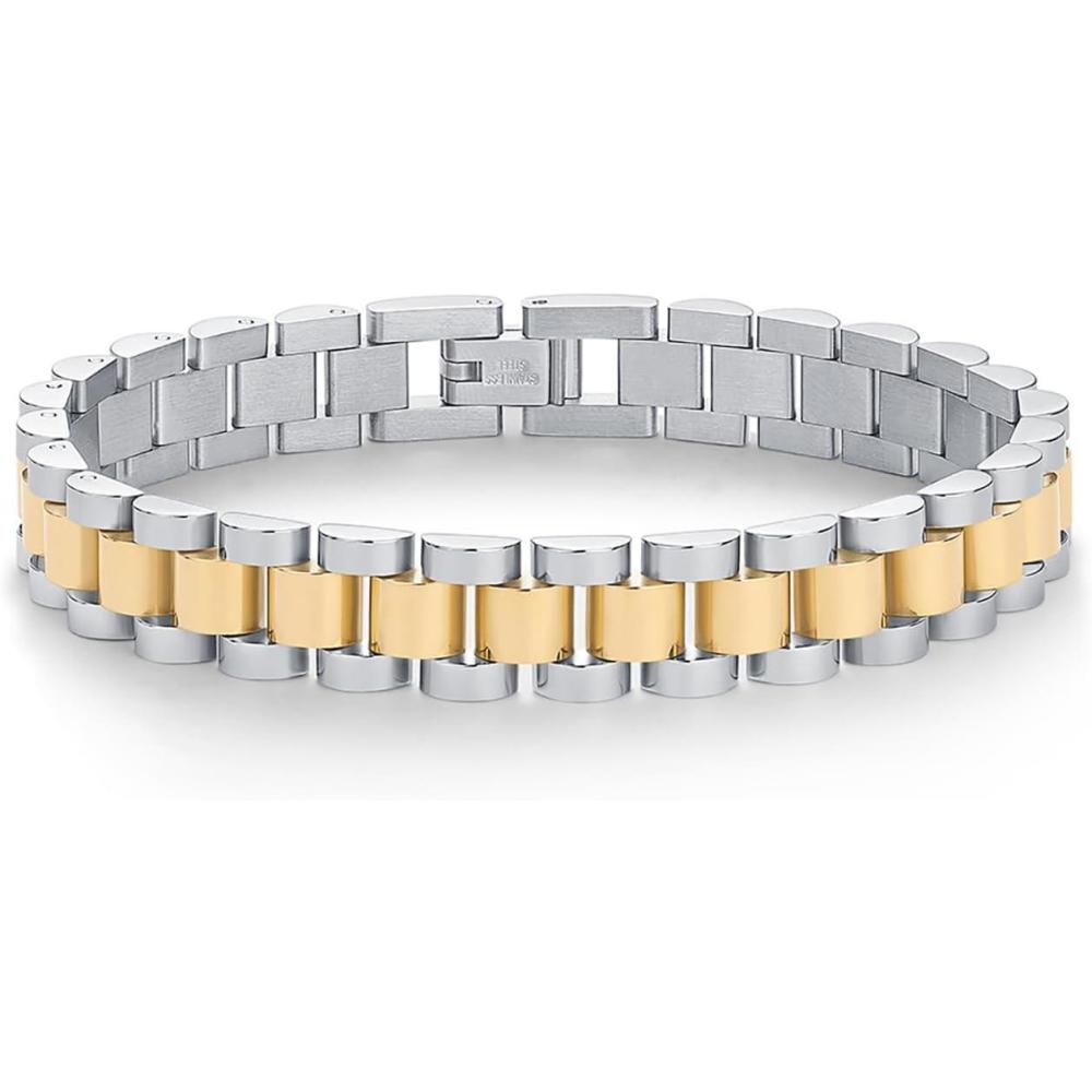 imagePAVOI 14K Gold Plated Waterproof Watch Strap Chain Bracelet for Women  Two Toned Mixed Metals Stainless Steel Chunky Link BraceletWhite And Yellow Gold