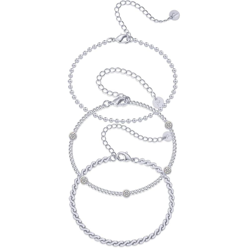 imagePAVOI 18K Gold Plated Chain Bracelet Pack for Women Jewelry Set of 5 Stackable Bracelets Paperclip Snake Rope Figaro Beaded Chains3Piece Set