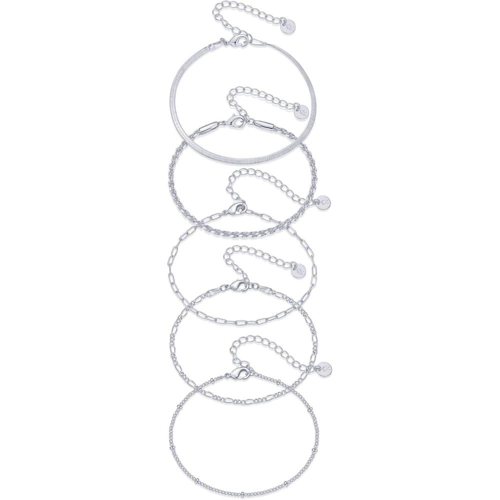 imagePAVOI 18K Gold Plated Chain Bracelet Pack for Women Jewelry Set of 5 Stackable Bracelets Paperclip Snake Rope Figaro Beaded Chains5Piece Set