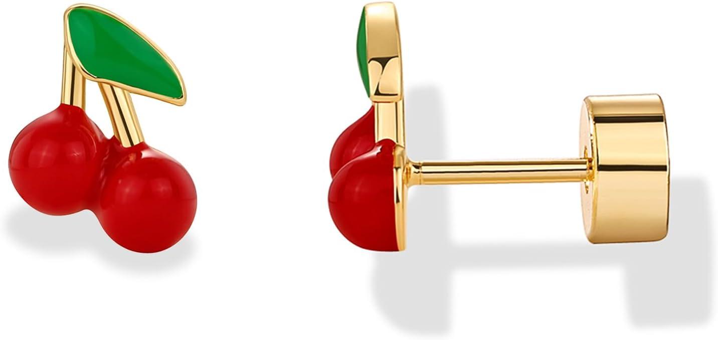 imagePAVOI 14K Gold Plated 925 Sterling Silver Posts Enamel Flatback Stud Earrings for Women Colored Chili Pepper Strawberry Peach Cherry Emoji Screwback Earrings Dainty Helix Cartilage Piercing JewelryCherry