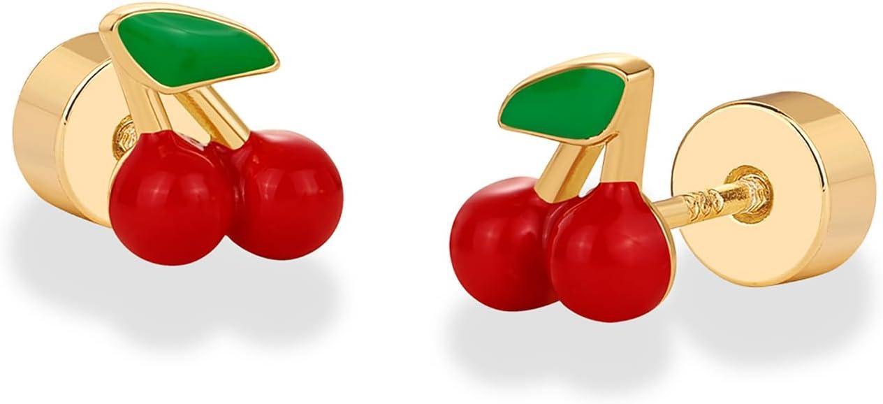 imagePAVOI 14K Gold Plated 925 Sterling Silver Posts Enamel Flatback Stud Earrings for Women Colored Chili Pepper Strawberry Peach Cherry Emoji Screwback Earrings Dainty Helix Cartilage Piercing JewelryCherry