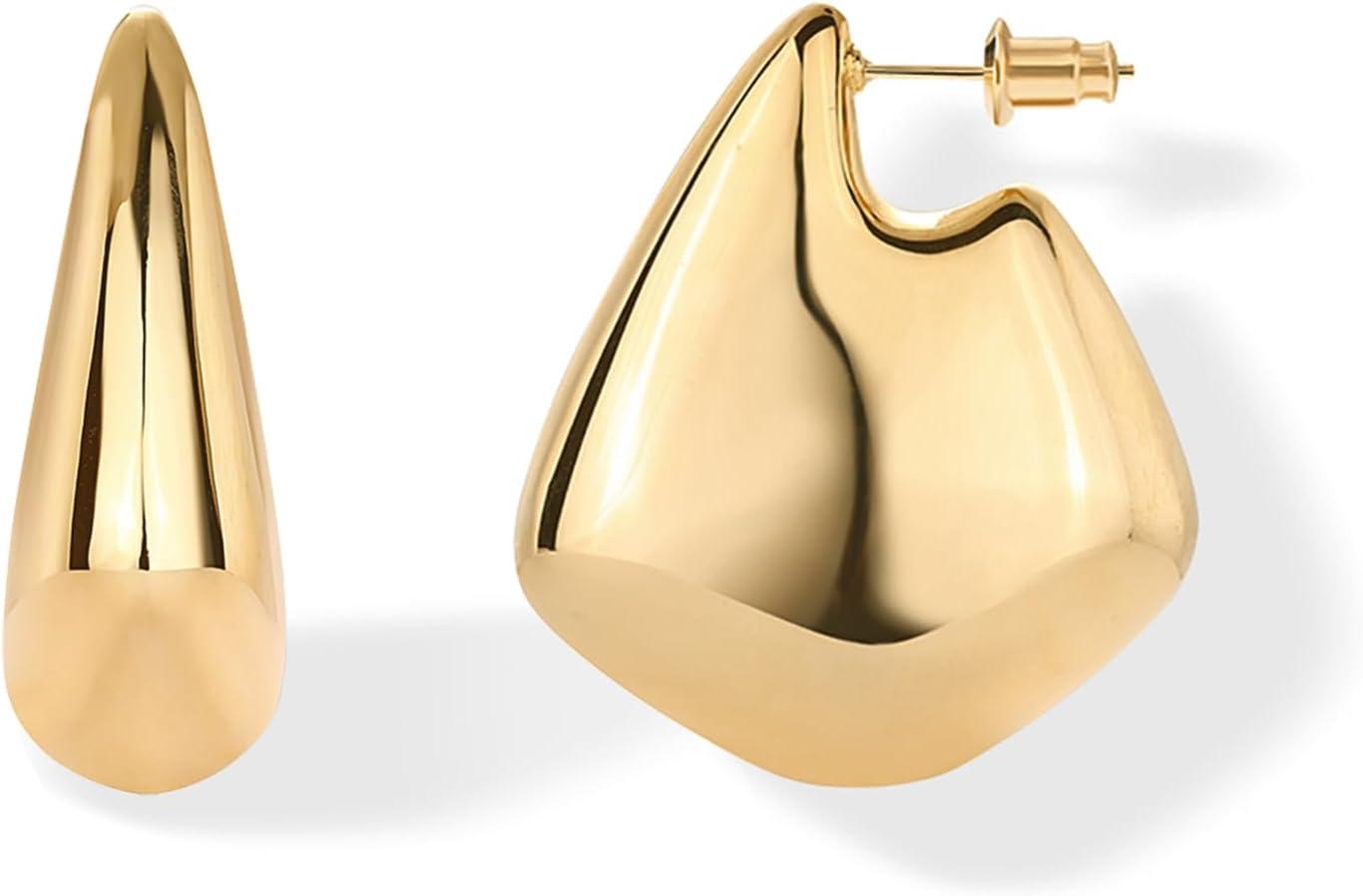 imagePAVOI 14K Gold Plated 925 Sterling Silver Posts Statement Earrings for Women Geometric Dome Teardrop Drop Dangle Hoop Chunky Gold EarringsYellow Gold