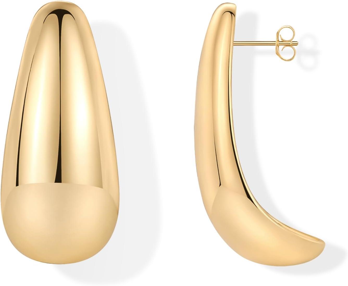 imagePAVOI 14K Gold Plated 925 Sterling Silver Posts Statement Earrings for Women Geometric Dome Teardrop Drop Dangle Hoop Chunky Gold EarringsYellow Gold