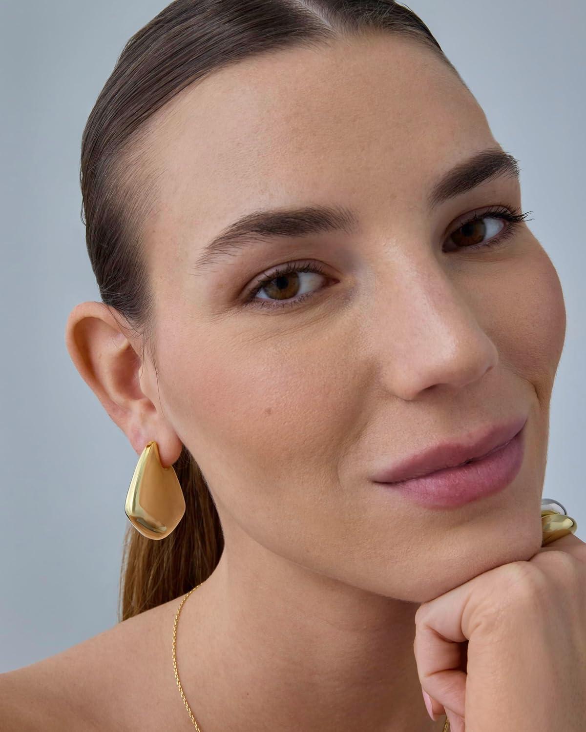 imagePAVOI 14K Gold Plated 925 Sterling Silver Posts Statement Earrings for Women Geometric Dome Teardrop Drop Dangle Hoop Chunky Gold EarringsYellow Gold