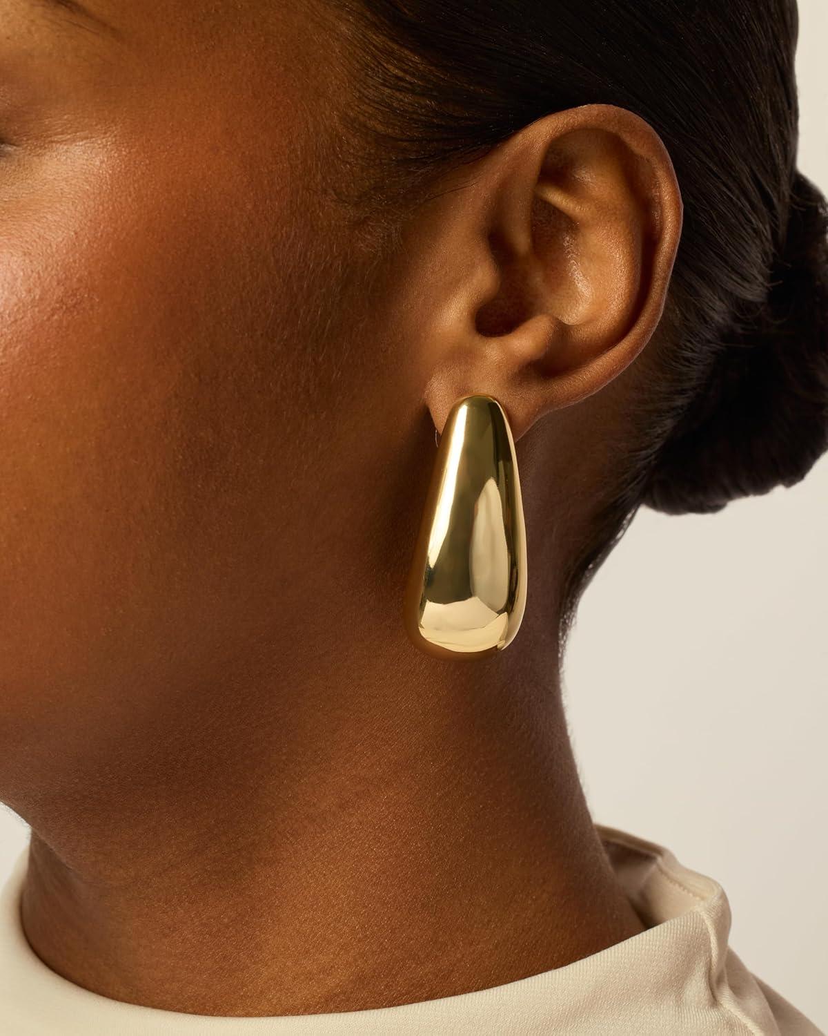 imagePAVOI 14K Gold Plated 925 Sterling Silver Posts Statement Earrings for Women Geometric Dome Teardrop Drop Dangle Hoop Chunky Gold EarringsYellow Gold