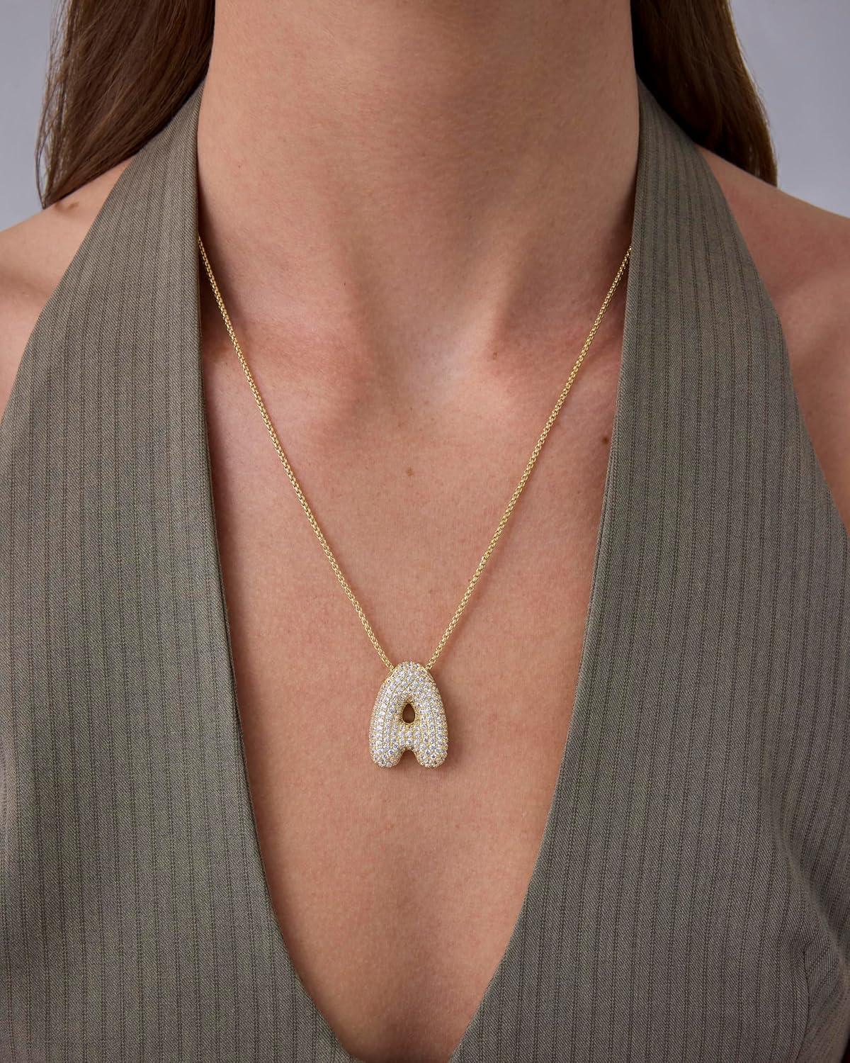 imagePAVOI 14K Gold Plated Cubic Zirconia Bubble Letter Initial Necklaces for Women Gold Balloon Necklace Letter Chunky Pendant NecklacesT