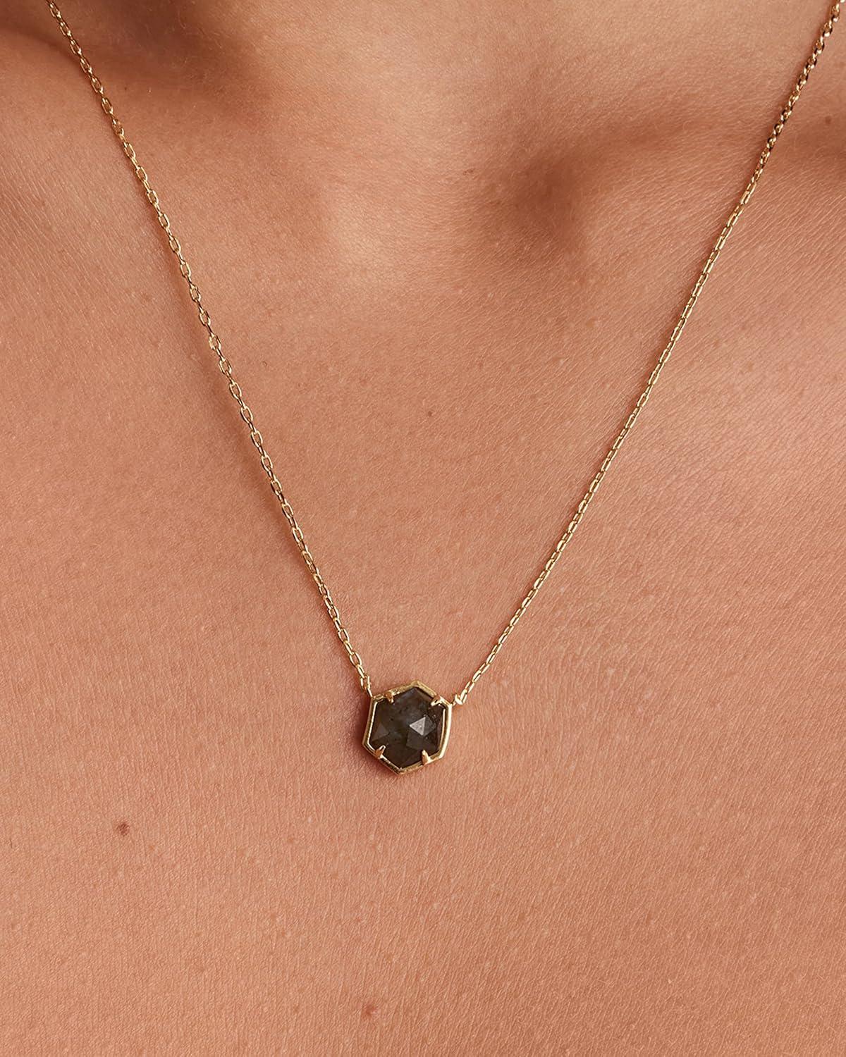 imagePAVOI 14K Gold Plated Gemstone Pendant Necklace Dainty Chain Necklaces for Women Amethyst Onyx Green Fluorite Labradorite Pearl Rose Quartz Agate Sodalite Turquoise Gemstone PendantsYellow Gold