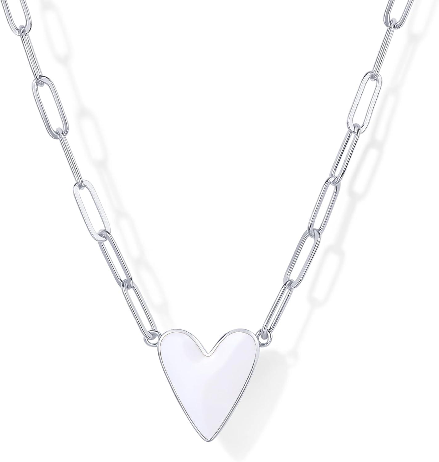 imagePAVOI 14K Gold Plated Heart Enamel Pendant Necklace for Women Love Paperclip Chain Necklaces Blue Pink Purple White Enamel Heart PendantsWhite Gold