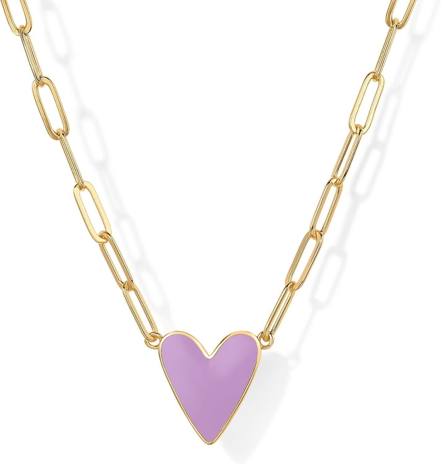 imagePAVOI 14K Gold Plated Heart Enamel Pendant Necklace for Women Love Paperclip Chain Necklaces Blue Pink Purple White Enamel Heart PendantsYellow Gold