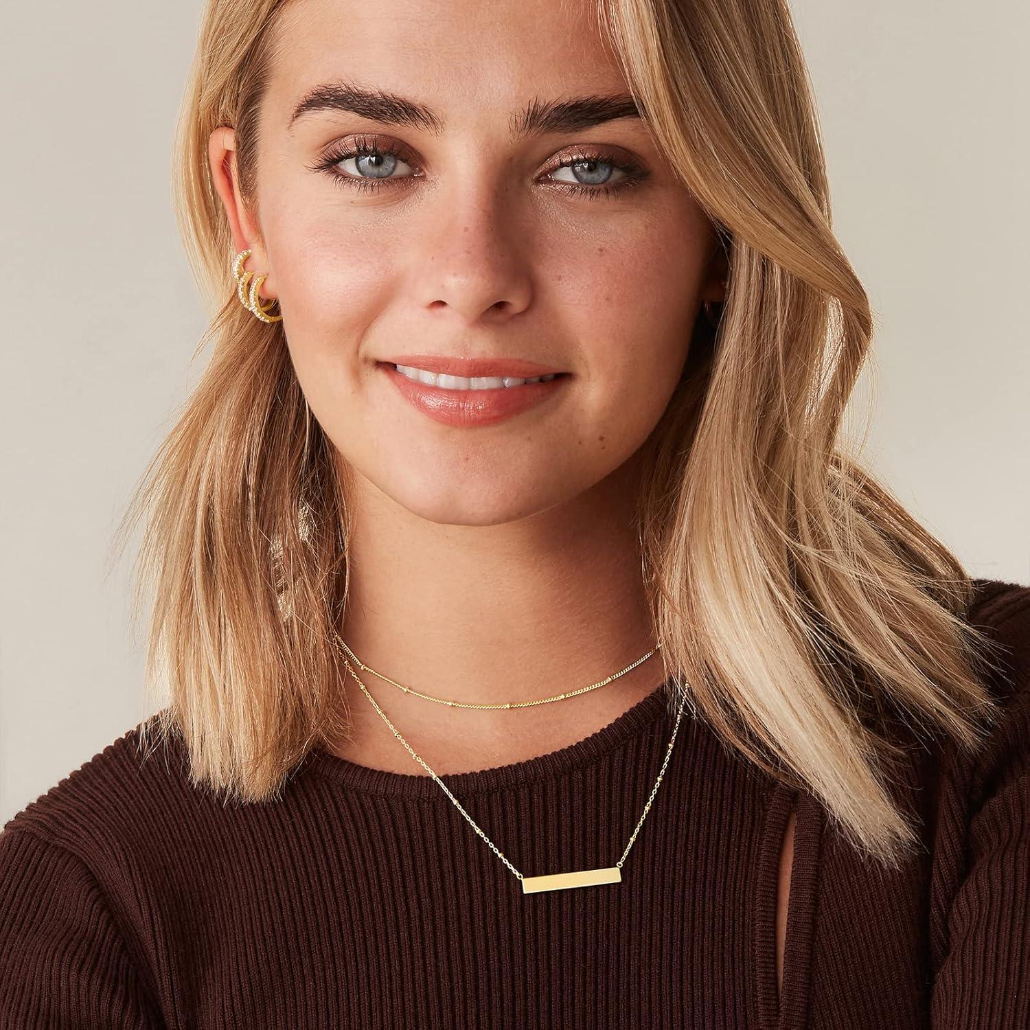 imagePAVOI 14K Gold Plated Layering Necklaces  Stylish Minimalist Design Pendant Necklaces  Bar Lotus Disc Dog Tag Horizontal Bar Pendants for WomenWhite Gold