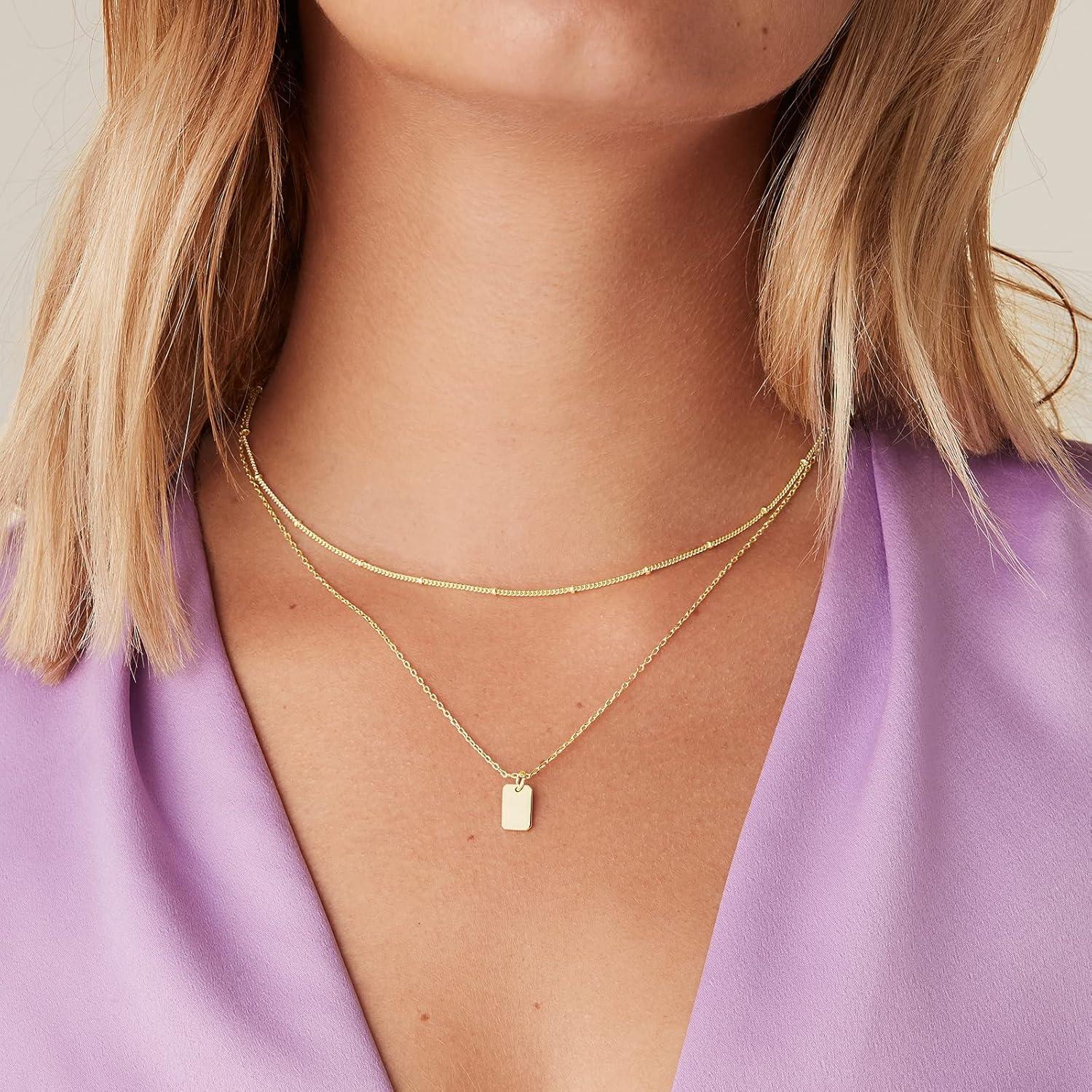 imagePAVOI 14K Gold Plated Layering Necklaces  Stylish Minimalist Design Pendant Necklaces  Bar Lotus Disc Dog Tag Horizontal Bar Pendants for WomenWhite Gold