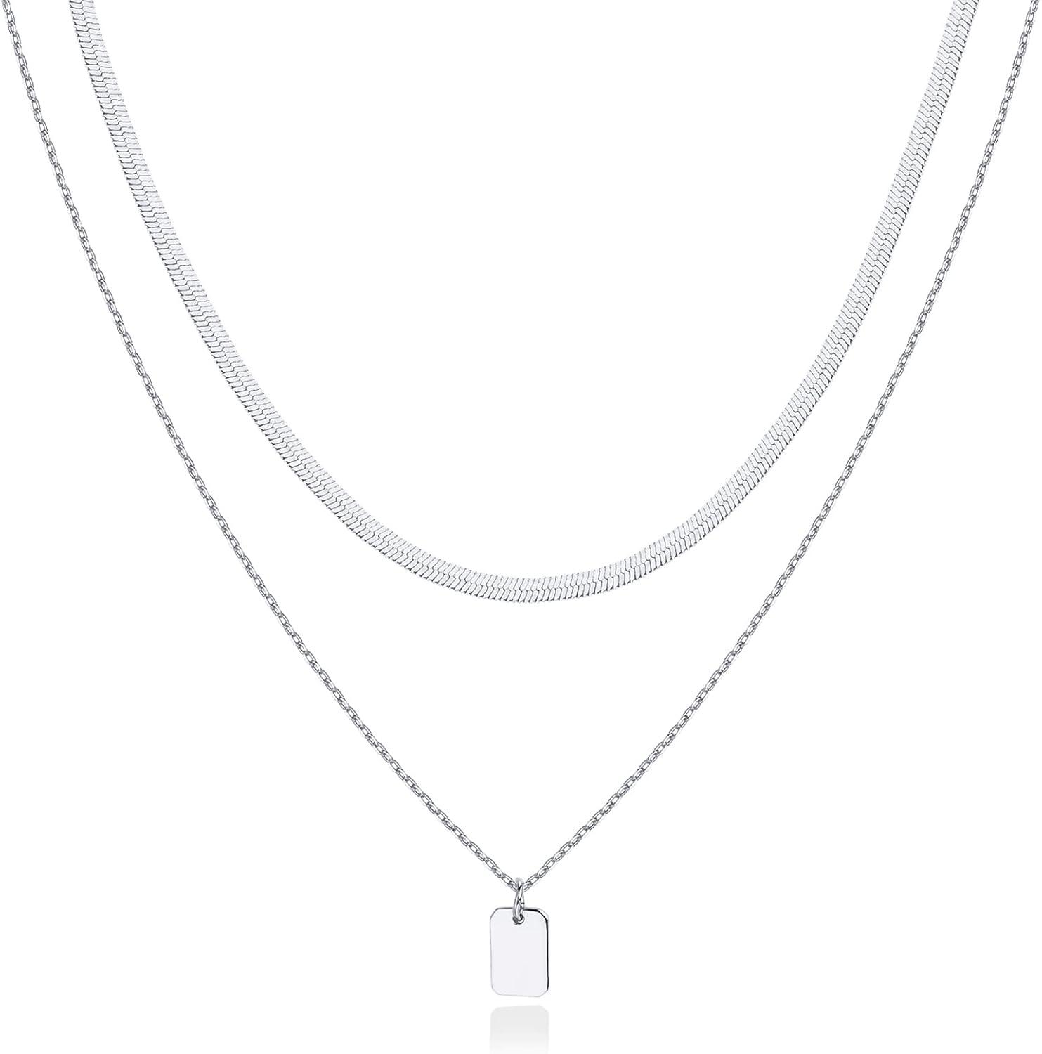 imagePAVOI 14K Gold Plated Layering Necklaces  Stylish Minimalist Design Pendant Necklaces  Bar Lotus Disc Dog Tag Horizontal Bar Pendants for WomenWhite Gold