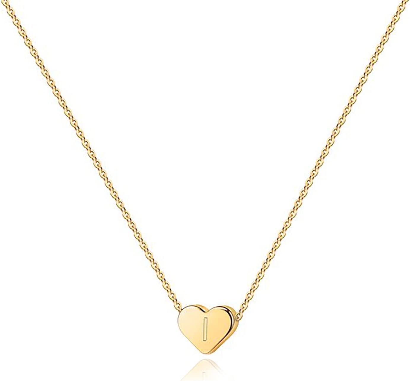 imagePAVOI 14K Gold Plated Tiny Heart Necklace Dainty Necklace for Women Personalized Letter Heart Choker Adjustable Slider I
