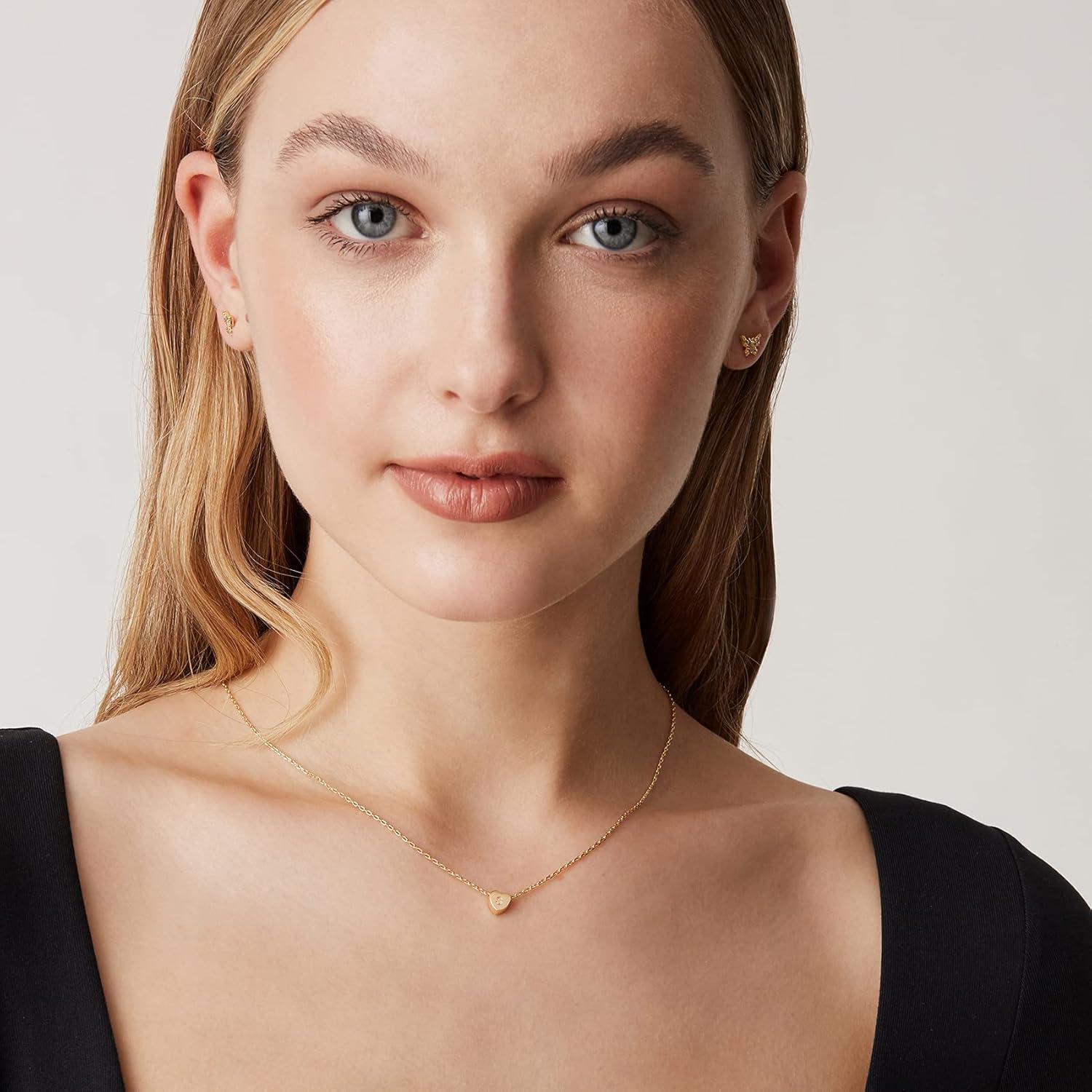 imagePAVOI 14K Gold Plated Tiny Heart Necklace Dainty Necklace for Women Personalized Letter Heart Choker Adjustable Slider I