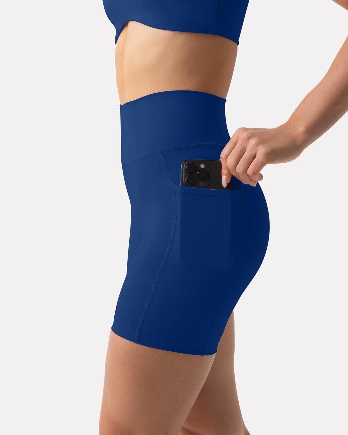 imagePAVOI ACTIVE Shorts with Pockets Compressive High Waisted Butt Sculpting 4quot ampamp 6quot Womens Biker Shorts HiPerform XXS to 3XIndigo