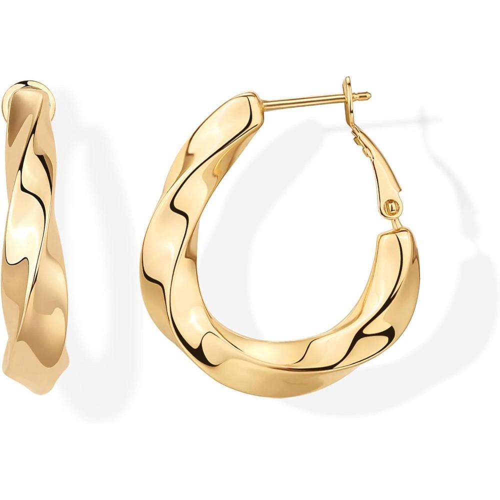 imagePAVOI 14K Gold Plated 925 Sterling Silver Posts Chunky Wavy Hoop Earrings for Women  Lightweight Statement Twisted Endless Wave Hoops EarringsYellow Gold