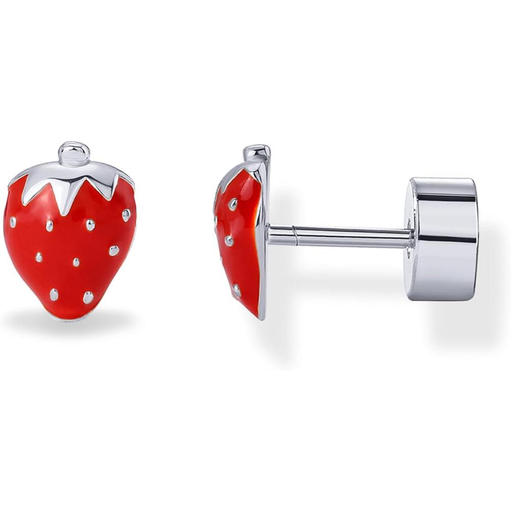 imagePAVOI 14K Gold Plated 925 Sterling Silver Posts Enamel Flatback Stud Earrings for Women  Colored Chili Pepper Strawberry Peach Cherry Emoji Screwback Earrings  Dainty Helix Cartilage Piercing JewelryStrawberry