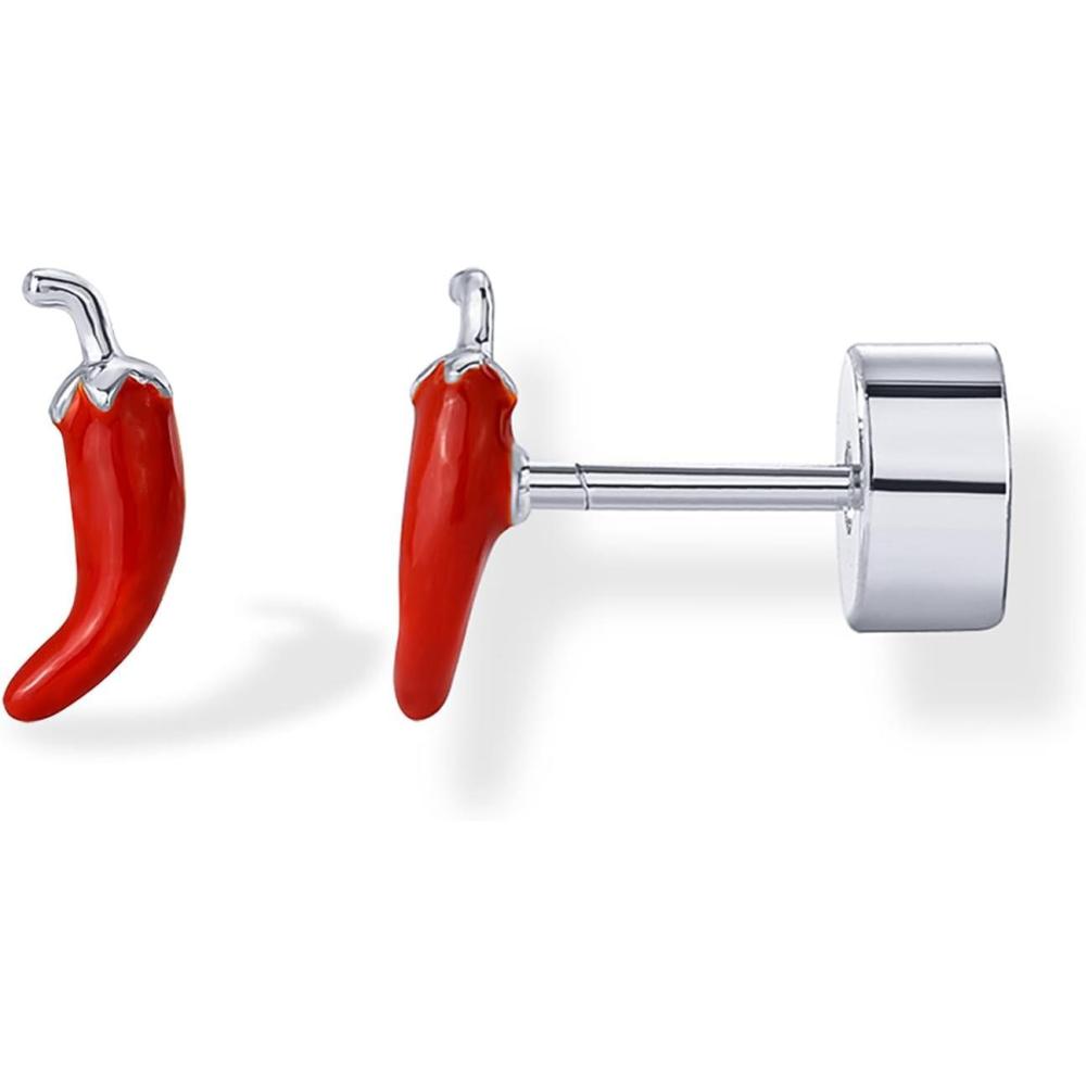 imagePAVOI 14K Gold Plated 925 Sterling Silver Posts Enamel Flatback Stud Earrings for Women Colored Chili Pepper Strawberry Peach Cherry Emoji Screwback Earrings Dainty Helix Cartilage Piercing JewelryChili Pepper