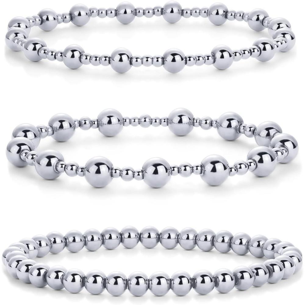 imagePAVOI 14K Gold Plated Beaded Bracelet Pack for Women  Stainless Steel 3Piece Stretchy Bracelet Set  Waterproof Ball TrioWhite Gold