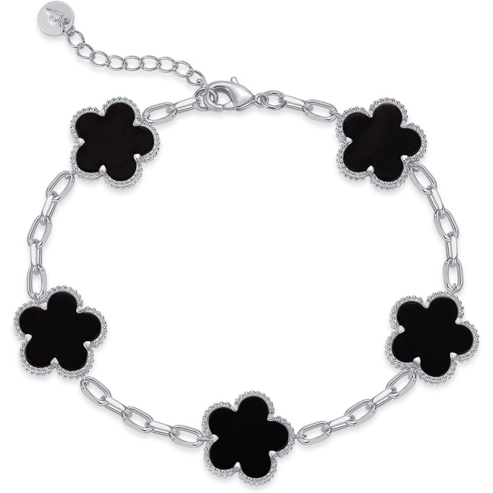 imagePAVOI 14K Gold Plated Clover Bracelets for Women  Flower Four Leaf Clover Bracelet  Mother of Pearl ampamp Onyx Gemstone Lucky Flower Design  Adjustable Trendy Jewelry GiftsWhite Gold