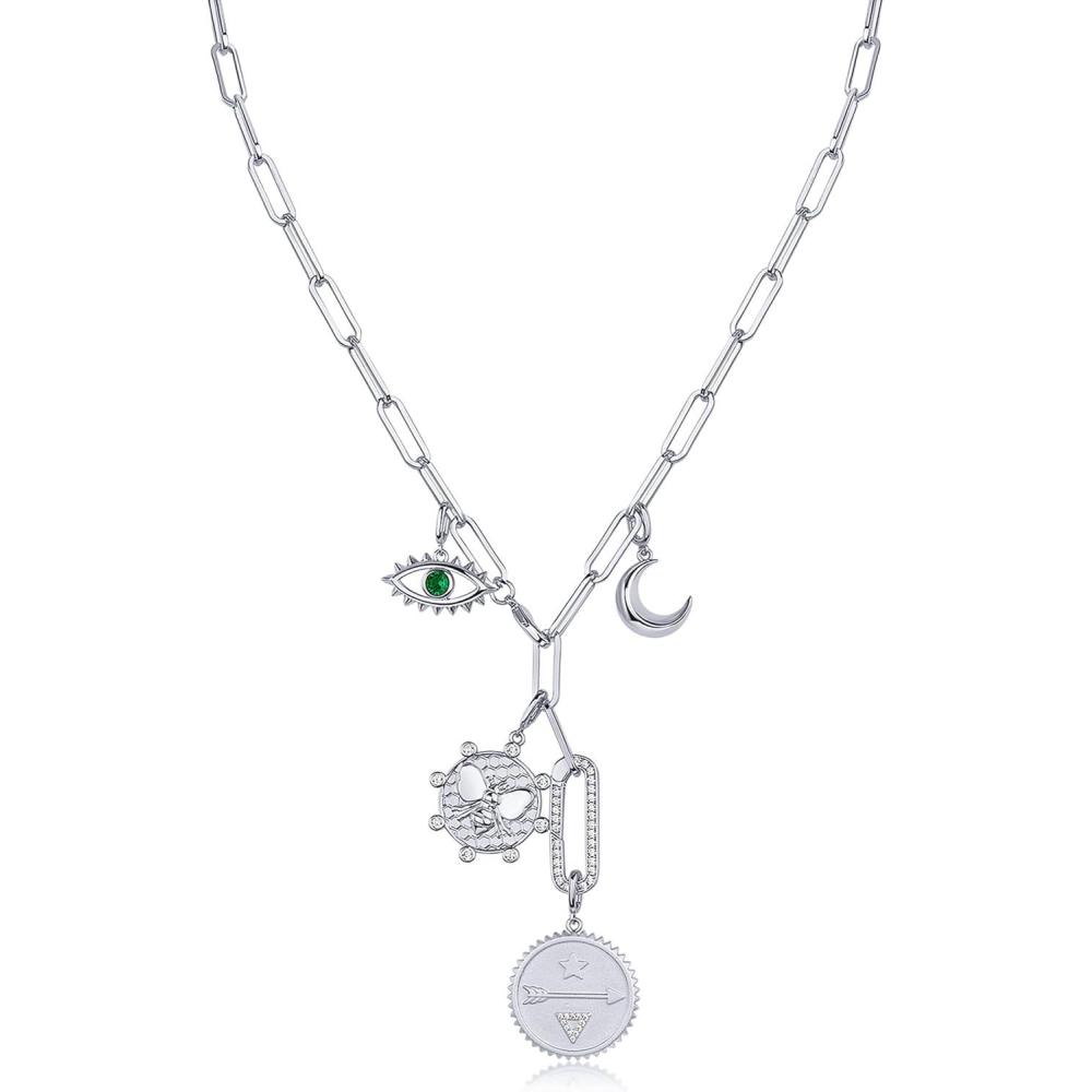 imagePAVOI 14K Gold Plated Cluster Toggle Pendant Heart Charm Necklace for Women  Chain Heart Star Gemstone Evil Eye Teardrop Cubic Zirconia Pendant Gold Charms NecklacesWhite Gold