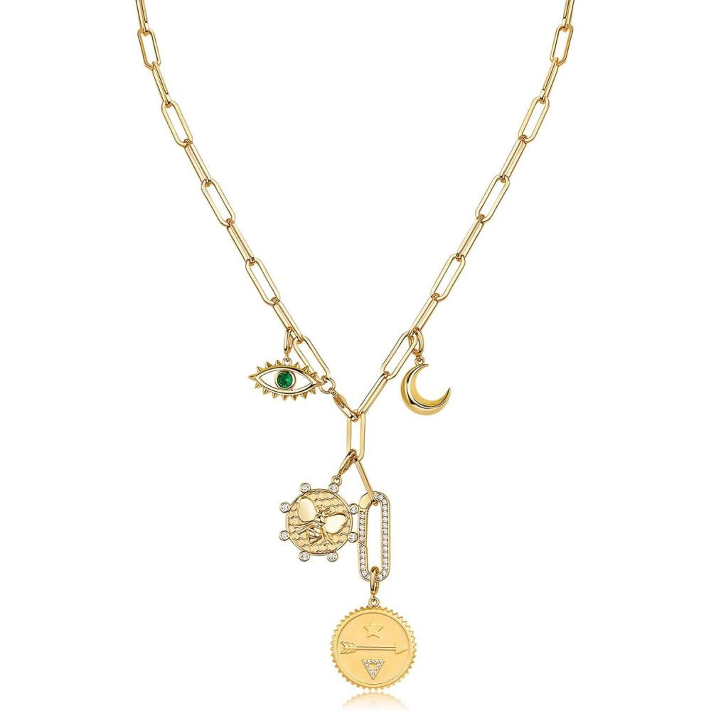 imagePAVOI 14K Gold Plated Cluster Toggle Pendant Heart Charm Necklace for Women  Chain Heart Star Gemstone Evil Eye Teardrop Cubic Zirconia Pendant Gold Charms NecklacesYellow Gold