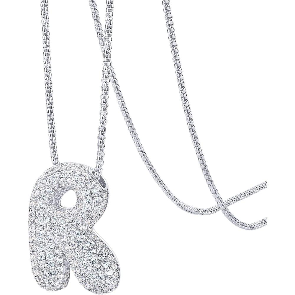 imagePAVOI 14K Gold Plated Cubic Zirconia Bubble Letter Initial Necklaces for Women Gold Balloon Necklace Letter Chunky Pendant NecklacesR