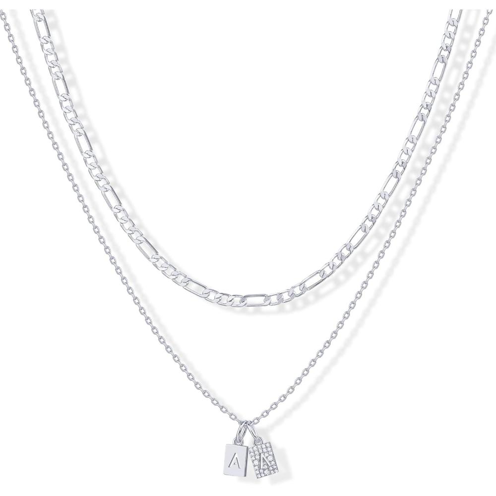 imagePAVOI 14K Gold Plated Initial Letter Double Dog Tag Pendant Necklace  Dainty Cubic Zirconia Letter Tag Round Box Chain Necklaces for Women A