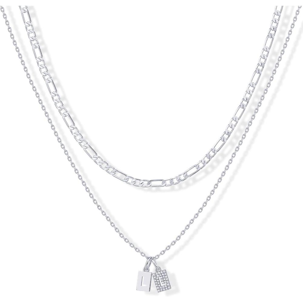 imagePAVOI 14K Gold Plated Initial Letter Double Dog Tag Pendant Necklace  Dainty Cubic Zirconia Letter Tag Round Box Chain Necklaces for Women L