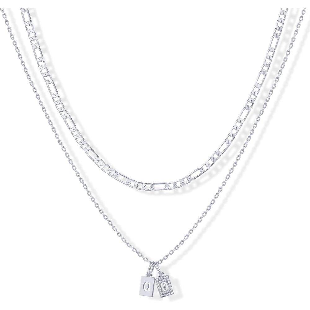 imagePAVOI 14K Gold Plated Initial Letter Double Dog Tag Pendant Necklace  Dainty Cubic Zirconia Letter Tag Round Box Chain Necklaces for Women Q