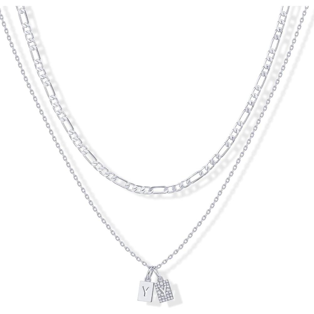 imagePAVOI 14K Gold Plated Initial Letter Double Dog Tag Pendant Necklace  Dainty Cubic Zirconia Letter Tag Round Box Chain Necklaces for Women Y