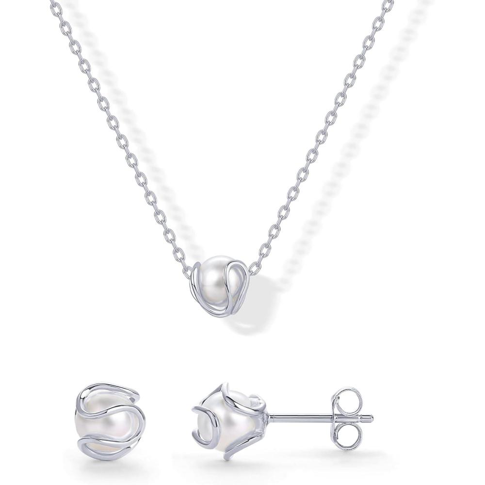 imagePAVOI 14K Gold Plated Round Shell Pearl Jewelry Set for Women  Gold Pearl Necklace and Earring Set with Pendant Necklace and Caged Stud Earrings PackWhite Gold