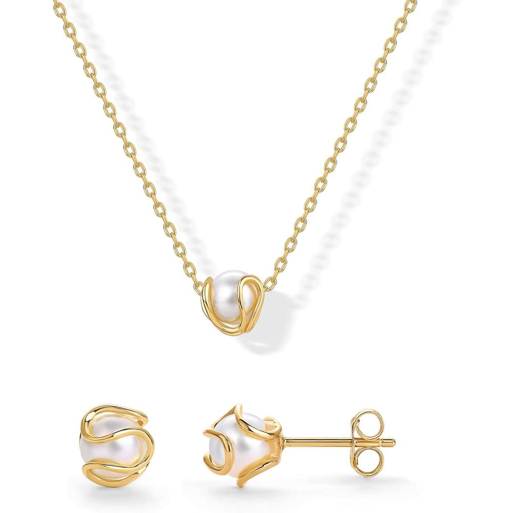 imagePAVOI 14K Gold Plated Round Shell Pearl Jewelry Set for Women  Gold Pearl Necklace and Earring Set with Pendant Necklace and Caged Stud Earrings PackYellow Gold