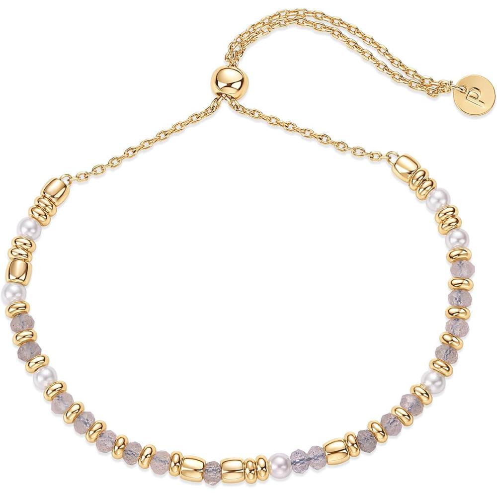 imagePAVOI 14K Yellow Gold Plated Gemstone Beaded Bracelets for Women  Adjustable Slider Dainty Pearl Bracelet  Boho Festival Pearls Labradorite Sodalite Red Jade Amazonite Beads  Gold Jewelry GiftsLabradorite