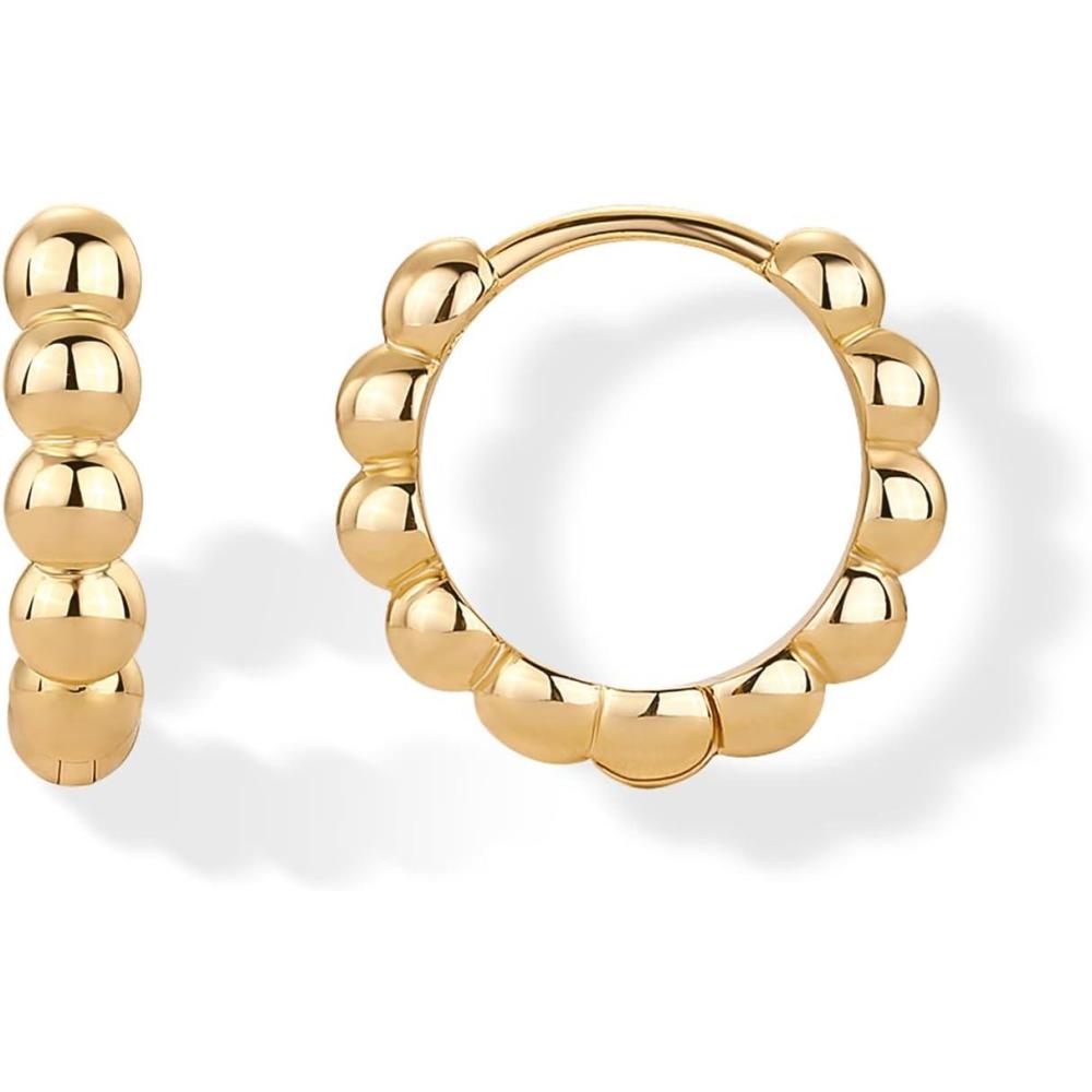 imagePAVOI 18K Gold Plated 925 Sterling Silver Posts Beaded Huggie Hoop Earrings for Women  Lightweight Gold Hoop EarringsYellow Gold