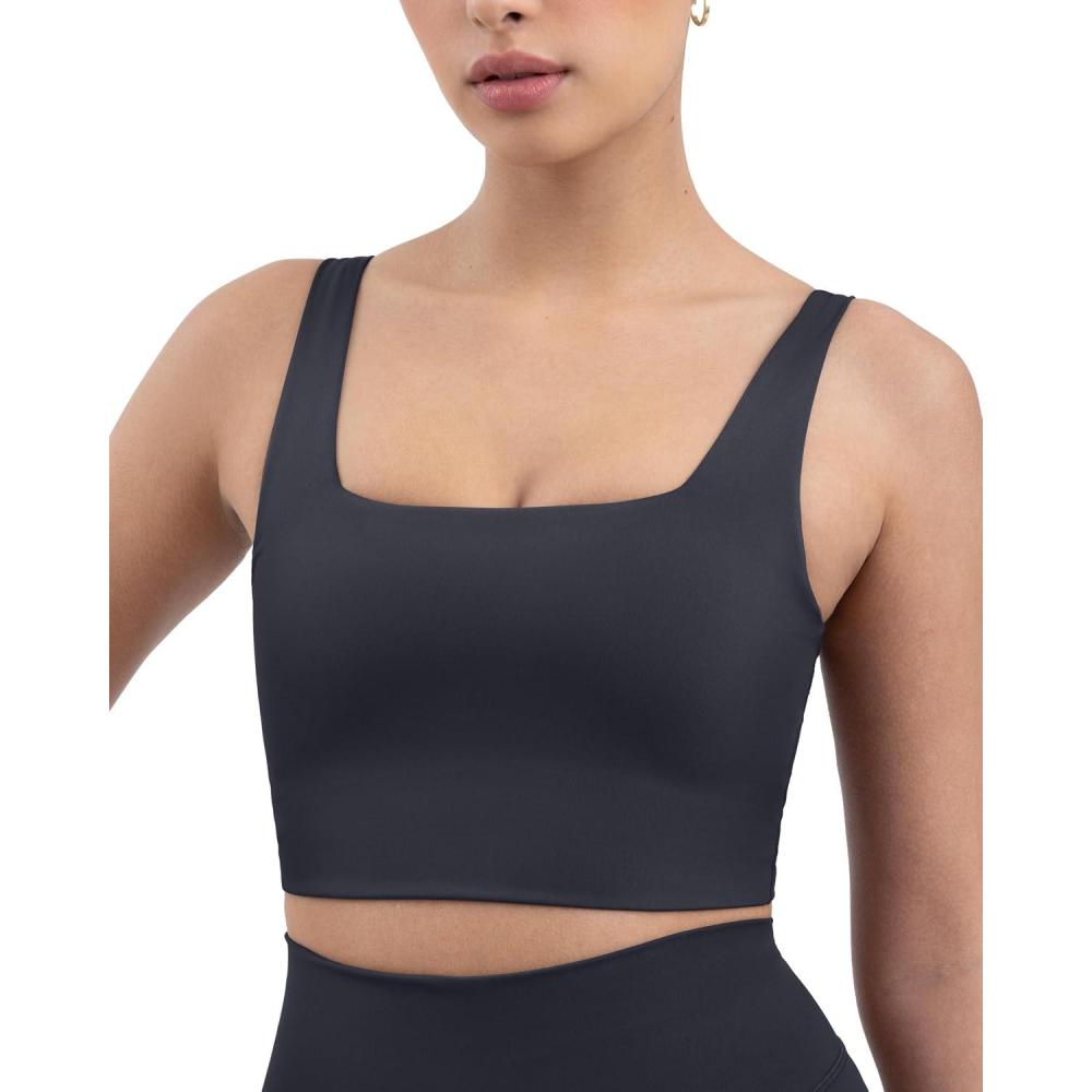 imagePAVOI ACTIVE Compression Sports Bras for Women  Medium Support Square Neck Longline Workout Bra Removable Pads  HiPerformGraphite