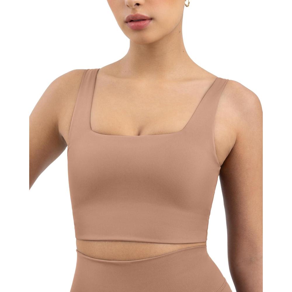 imagePAVOI ACTIVE Compression Sports Bras for Women Medium Support Square Neck Longline Workout Bra Removable Pads HiPerformSienna