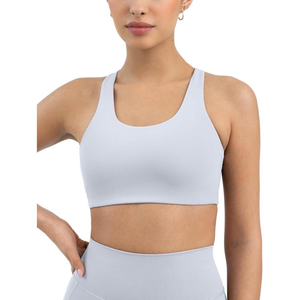 imagePAVOI ACTIVE Racerback Supportive Sports Bras for Women High Support Scoop Neck Gym Workout Bra Removable Pads HiPerformSilver