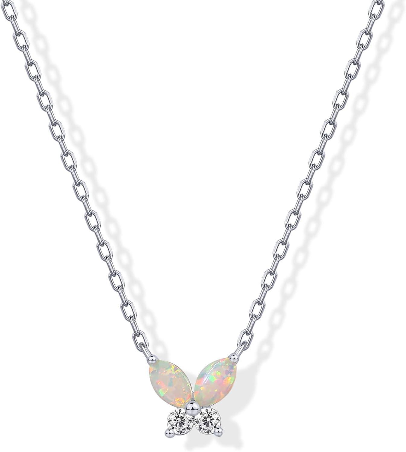 imagePAVOI 14K Gold Plated Opal Pendant Necklaces for Women Created Opal Cubic Zirconia Dainty Necklace Butterfly Round Triangle Antler Bar PendantsWhite Gold