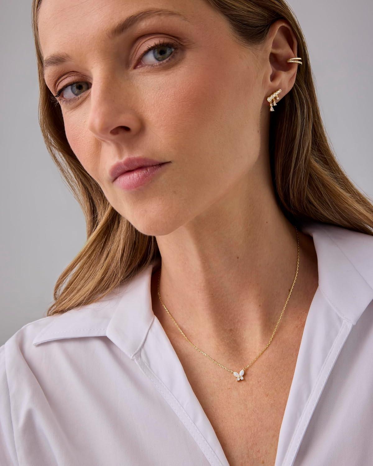 imagePAVOI 14K Gold Plated Opal Pendant Necklaces for Women Created Opal Cubic Zirconia Dainty Necklace Butterfly Round Triangle Antler Bar PendantsWhite Gold