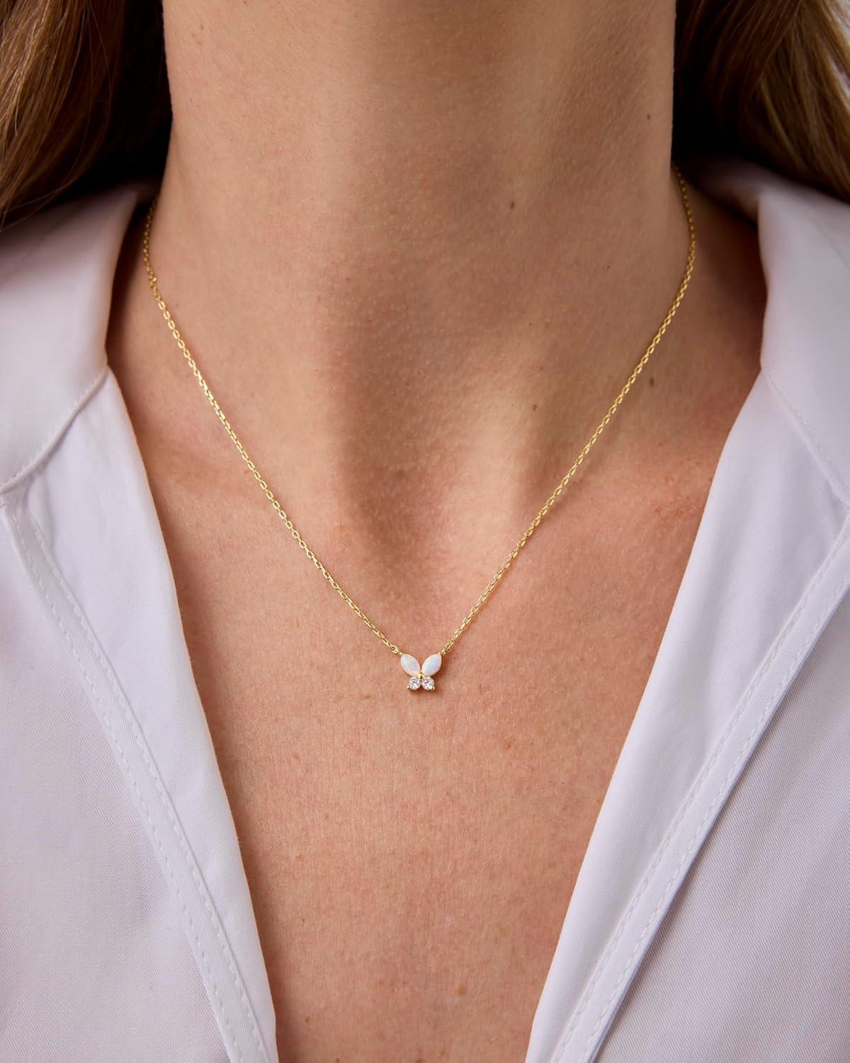 imagePAVOI 14K Gold Plated Opal Pendant Necklaces for Women Created Opal Cubic Zirconia Dainty Necklace Butterfly Round Triangle Antler Bar PendantsWhite Gold